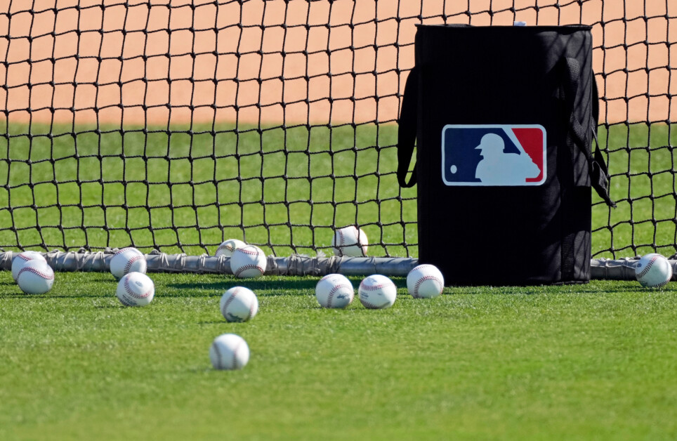 General view of MLB baseballs, baseballs bag, MLB logo