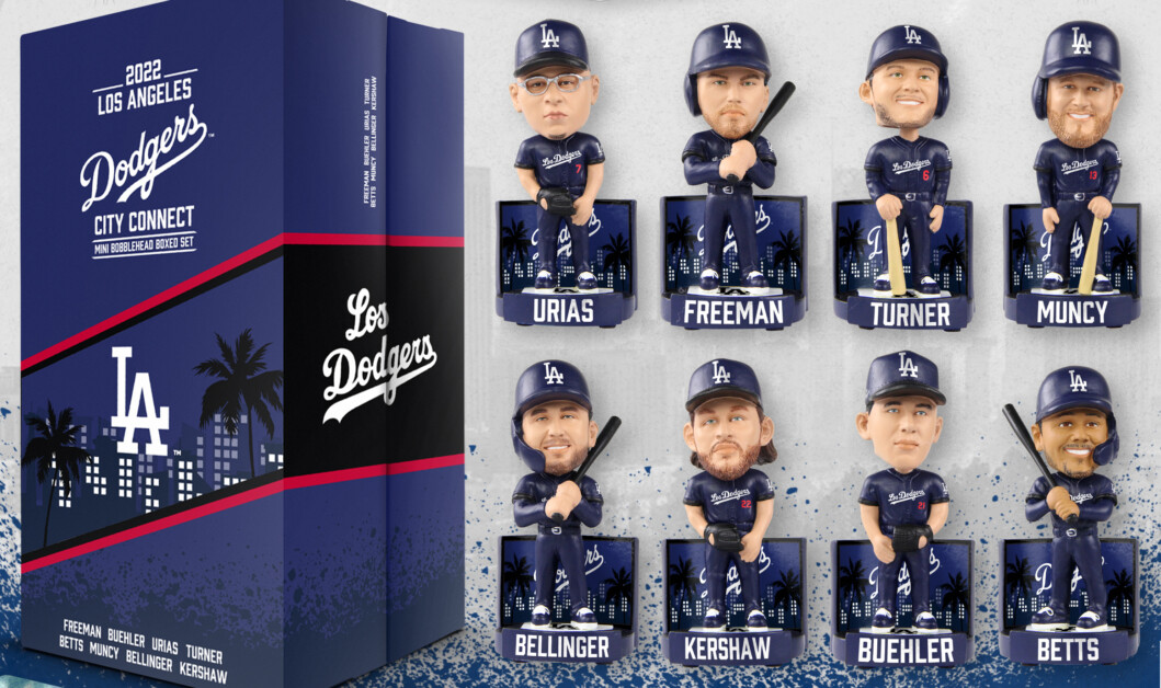 Cody Bellinger, Mookie Betts, Walker Buehler, Freddie Freeman, Clayton Kershaw, Max Muncy, Trea Turner, Julio Urías, Dodgers City Connect mini bobbleheads set, FOCO