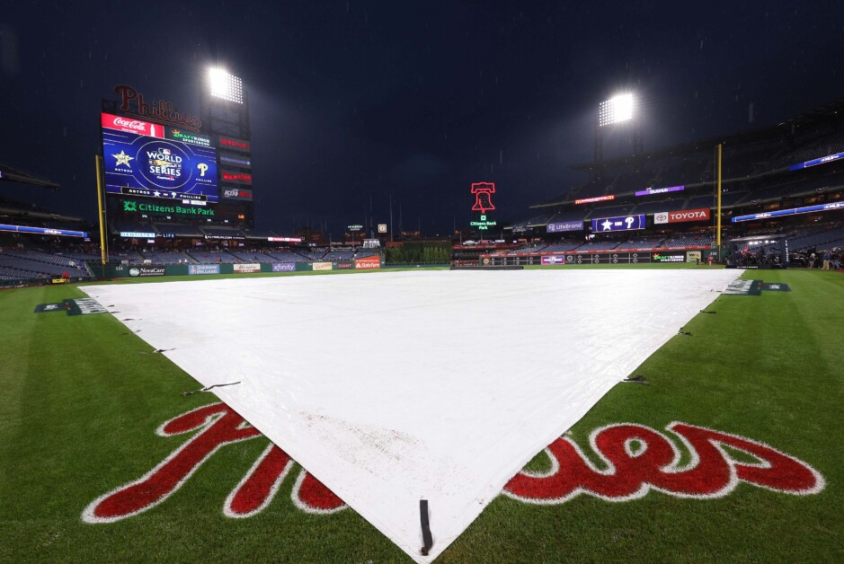 Citizens Bank Park view, tarp, rain delay, 2022 World Series