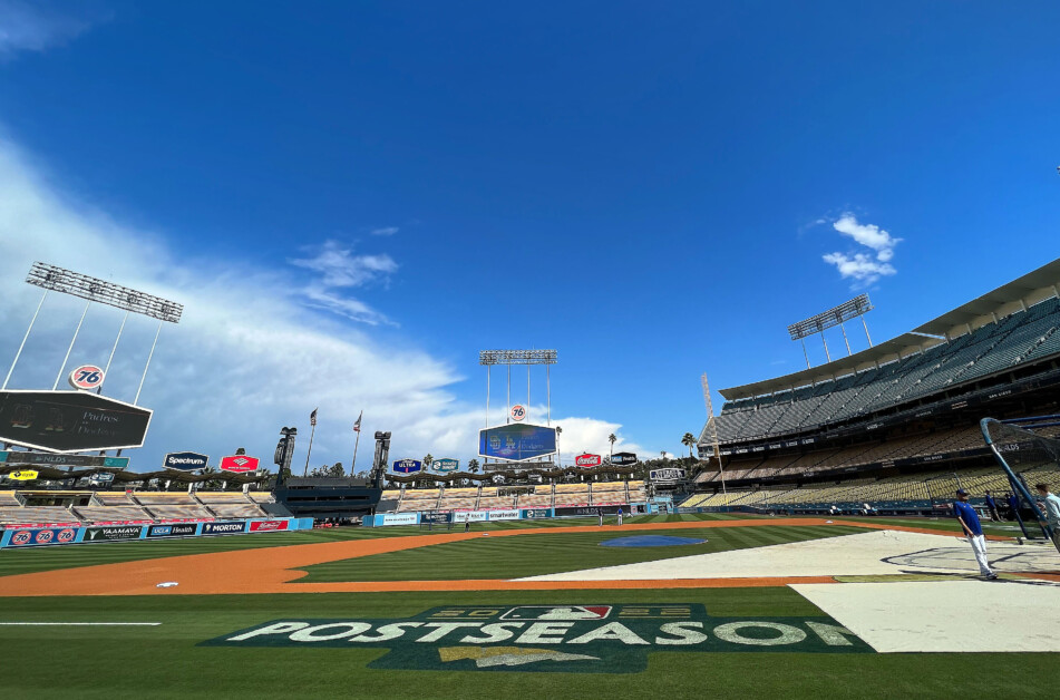 Dodger Stadium view, 2022 MLB postseason logo, 2022 NLDS