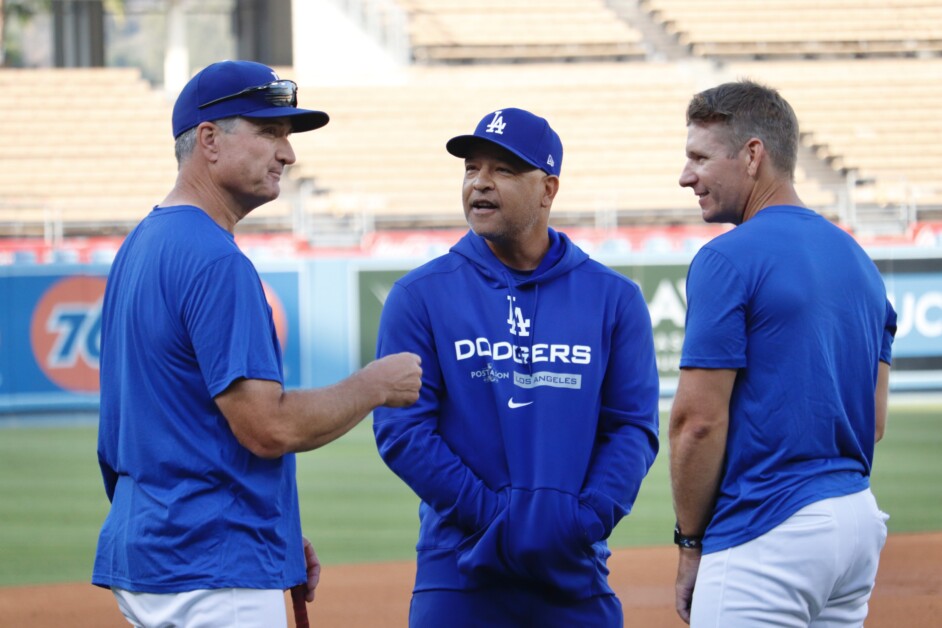 Dave Roberts, Bob Geren, Clayton McCulloguh, 2022 NLDS workout