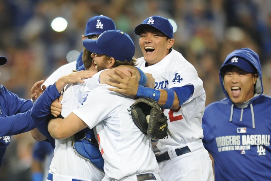 A.J. Ellis, Clayton Kershaw, Miguel Rojas, Hyun-Jin Ryu, no-hitter