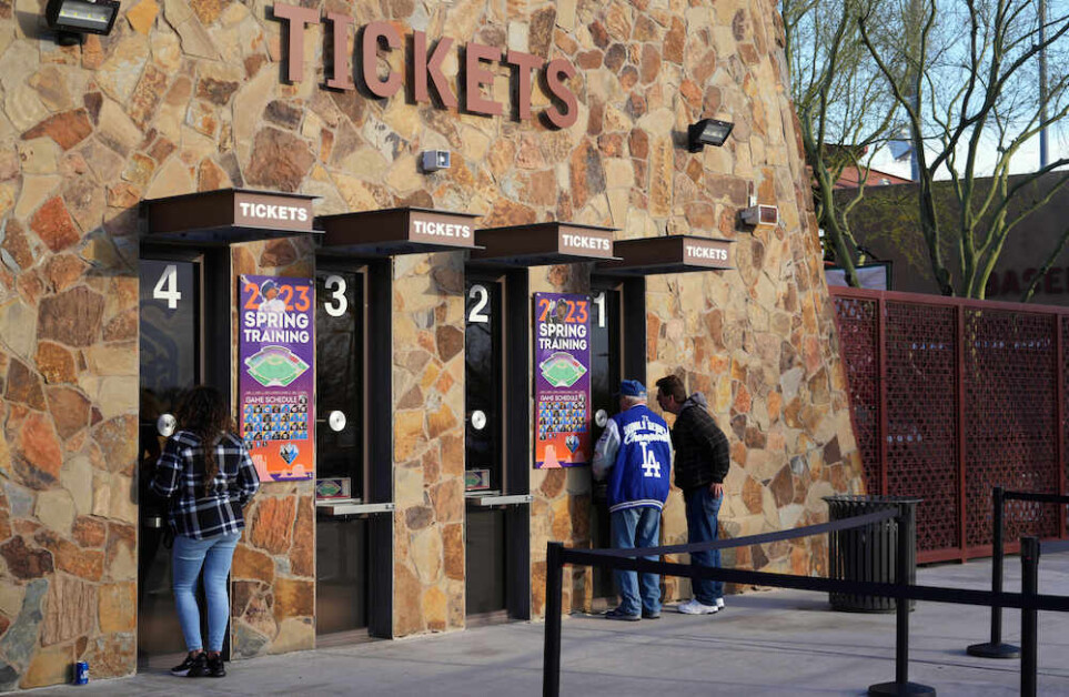 Dodgers fans, Camelback Ranch tickets booth, 2023 Spring Training