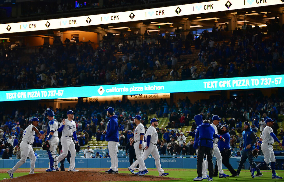 Yency Almonte, Austin Barnes, Freddie Freeman, Clayton Kershaw, Max Muncy, Miguel Rojas, California Pizza Kitchen (CPK) logo, Dodgers win