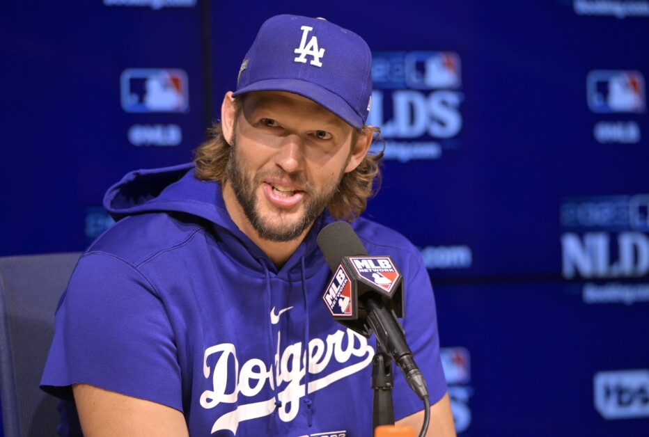 Clayton Kershaw, MLB Network logo microphone, 2023 NLDS