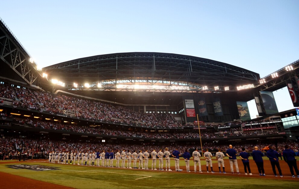 Dodgers lined up, Chase Field view, Chase Field roof, 2023 NLDS