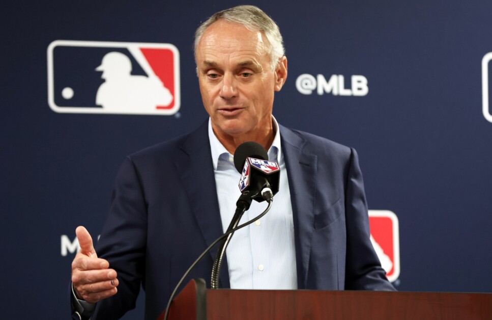 Rob Manfred, MLB logo, 2024 Spring Training, Grapefruit League Media Day